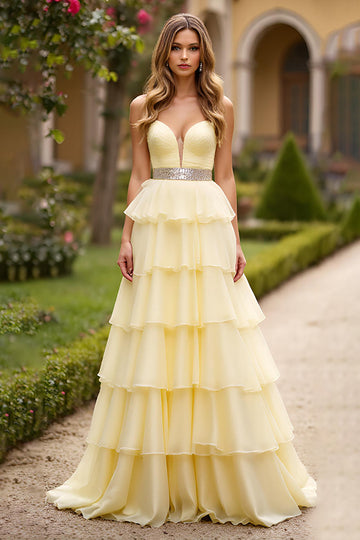 Light Yellow A Line Sweetheart Tiered Long Formal Dress With Beading